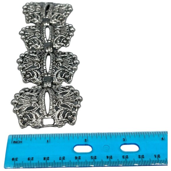 Vintage Silver Tone Filigree Bracelet Ornate Design Statement Jewelry Piece - Picture 3 of 5